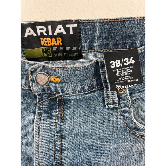 ARIAT JEANS Mens 38/33 Blue M5 Rebar Slim Straight Distressed has stretch WORK - Picture 3 of 16
